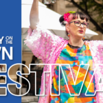 The words Library on the Lawn Festival appear superimposed over an image of a women earing a pink sparkly jacket and flowers in her hair having fun