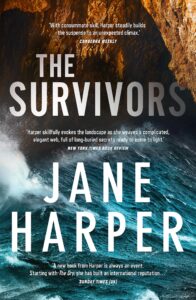 The cover of Jane Harper's novel The Survivors shows waves breaking below a rock overhang