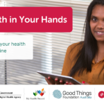A smiling woman with dark straight hair and wearing a mustard coloured blouse holds a tablet. Behind her is a Venetian blind. Working in the image reads: Your Health in Your Hands: Learn to manage your health and wellbeing online