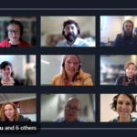 Screen short showing nine people's faces in 3 x 3 boxes in an online webinar