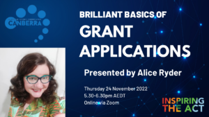 Digital flier with the works 'Brilliant Basics of Grant Applications Presented by Alice Ryder'. Ther eis a photo of Alice in the bottom left-hand corner. She is smiling and wears greann framed glasses and a green and orange tropical print dress, Her shoulder length hair is reddish brown, wavy and shiny.