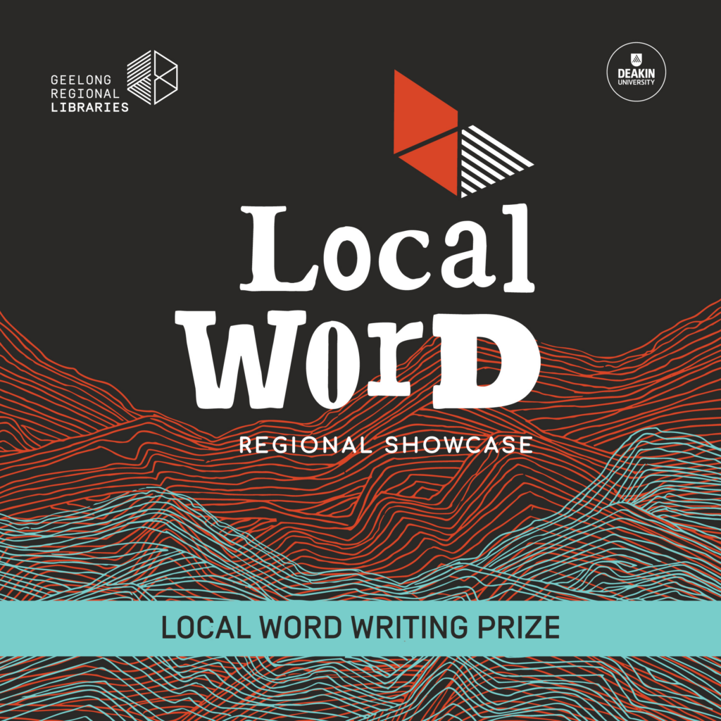 Local Word logo: white writing on black background with wave-like designs in orange and blue. Features the words 'Local Word Regional Showcase: Local Word Writing Prize'